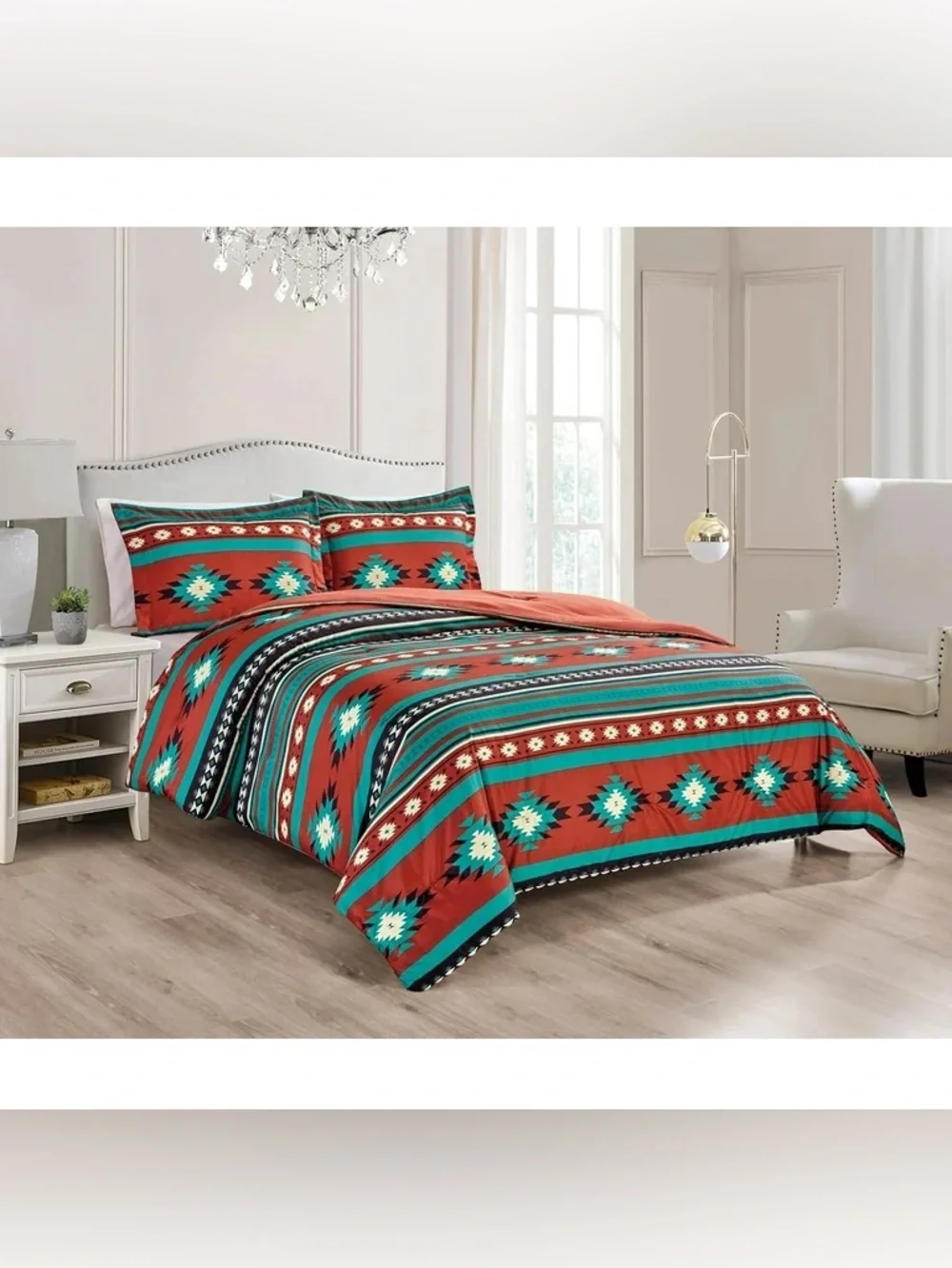 Southwest-Style Red and Teal Queen 3 piece Bedding Set